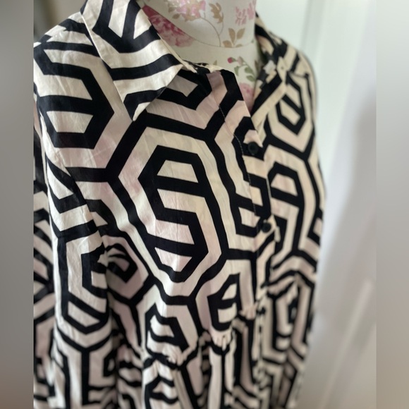 Zara Black White Print A-Line Long Sleeve Shirt Casual Maxi Dress Size Large - Picture 11 of 13